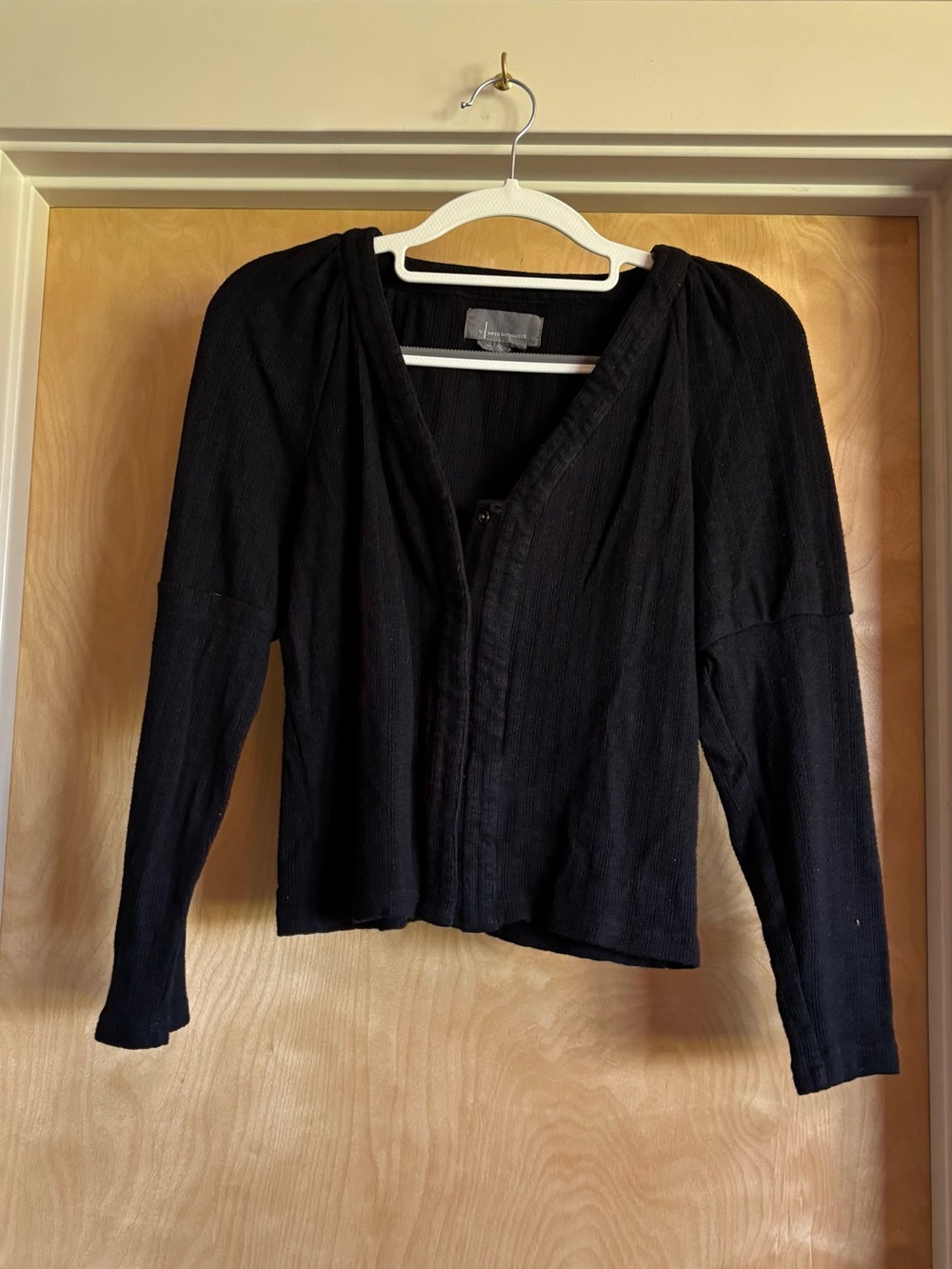 By Anthropologie Ribbed Knit Snap Front Cardigan Black Gathered Shoulder M